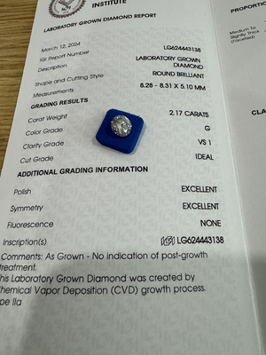 kupować 2.17CT G VS1 3EX CVD Laboratory Created Diamond Round Cut IGI Certificate LG624443138 online manufacture