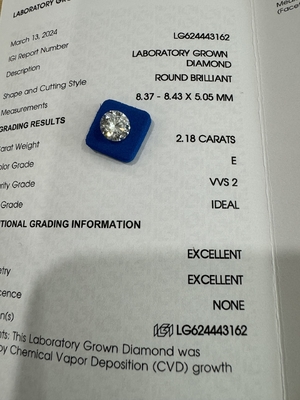 kupować 2.18CT E VVS1 ID EX CVD Syntetyczny Diament Okrągły Brilliant Cut online manufacture