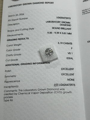 kupować 3.19CT F VS1 3EX Laboratoryjnie wyhodowany CVD Diament okrągły, pocięty, certyfikat IGI LG626472973 online manufacture