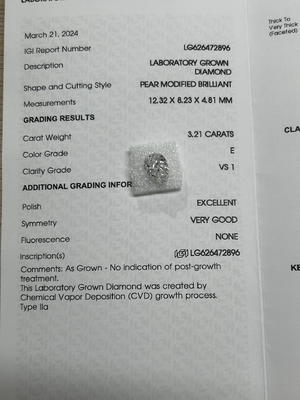 kupować 3.21CT E VS1 EX VG CVD Laboratory Grown Diamond Pear Brilliant Cut IGI Certified online manufacture