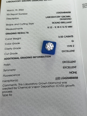 kupować 3.02ct CVD Laboratory Grown Diamond Round Cut G VVS2 3EX N IGI Certified online manufacture