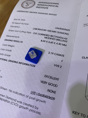 kupować 2.19ct Laboratory Diamond Radiant Cut CVD F VVS2 EX VG N IGI LG630433629 online manufacture