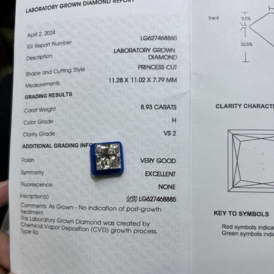 kupować 8.93CT H Kolor VS2 Przejrzystość 2EX CVD Laboratorium Dorosły Diament Princess Cut online manufacture
