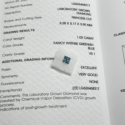 kupować 1.02CT Fancy Intense Greenish Blue VS1 EX VG CVD Lab Grown Diamond Princess Cut IGI Certified online manufacture