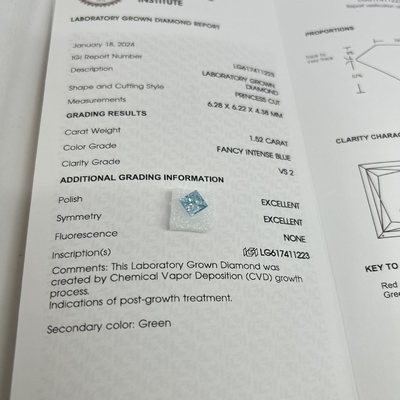 kupować 1.52CT Fancy Intense Blue VS2 2EX CVD Laboratory Grown Diamond Princess Shape OEM ODM online manufacture