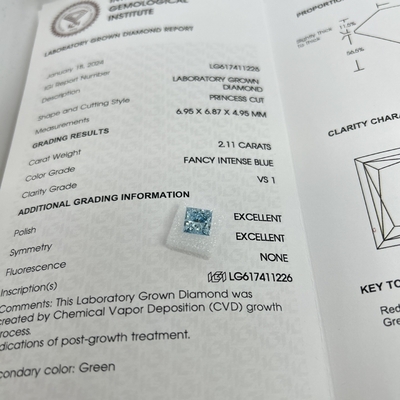 kupować 2.11CT Fancy Intense Blue VS1 2EX CVD Lab Grown Diamond Princess Cut online manufacture