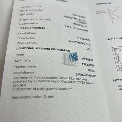 kupować 3.12CT Fancy Intense Blue Lab Made Diamonds VS1 2EX CVD Princess Cut online manufacture