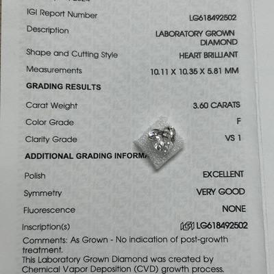 kupować 3.6ct Laboratory Made Diamonds Heart Brilliant Cut CVD F VS1 2EX N IGI LG618492502 online manufacture