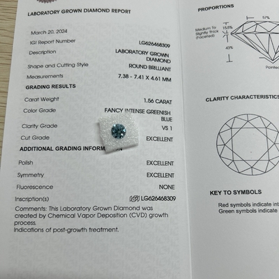 kupować 1.56ct Fancy Intense Greenish Blue Lab Grown Diamond Round Cut CVD FVS1 online manufacture
