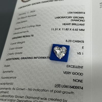 5.23ct Wychowany Brilliance Diamenty Serce cięcie CVD E Kolor VS1 Jasność 2EX N IGI
