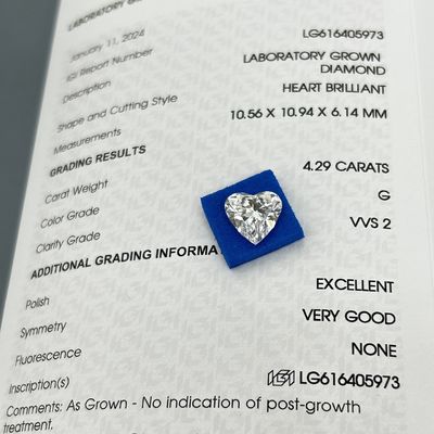 4.29ct Diamenty wyhodowane w laboratorium Wydzielenie serca CVD G Kolor VVS2 2EX N IGI